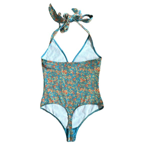 Free People Lola Pastel Blue Ditzy Floral Print Halter V Neck Bodysuit Size XS - Picture 8 of 10